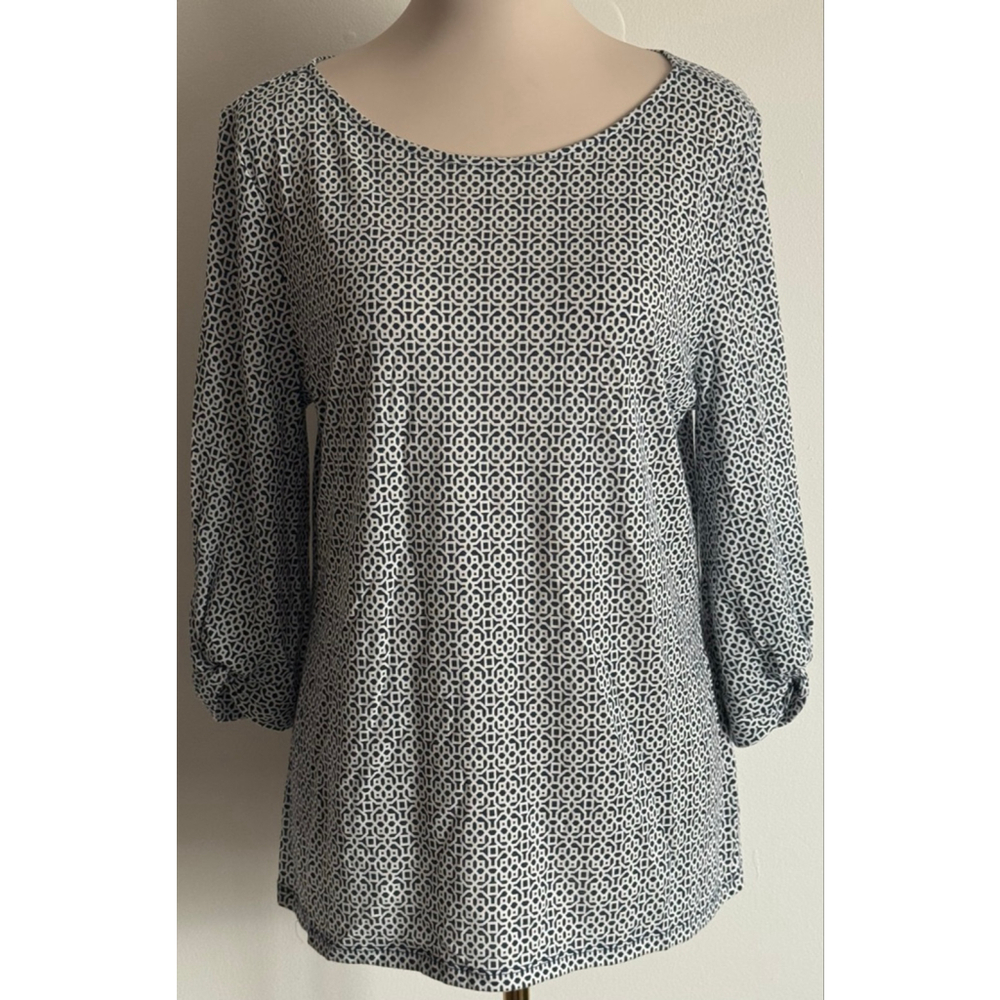 Women's Liz Claiborne Blouse L Black White Geometric Print
